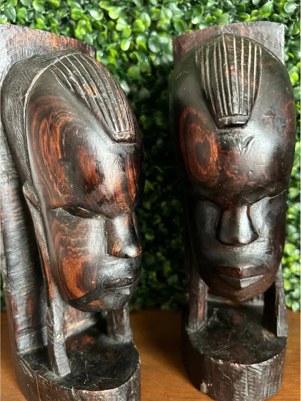 Vintage Hand Carved Ebony Wood Face Bookends African Tribal Sculpture Pair